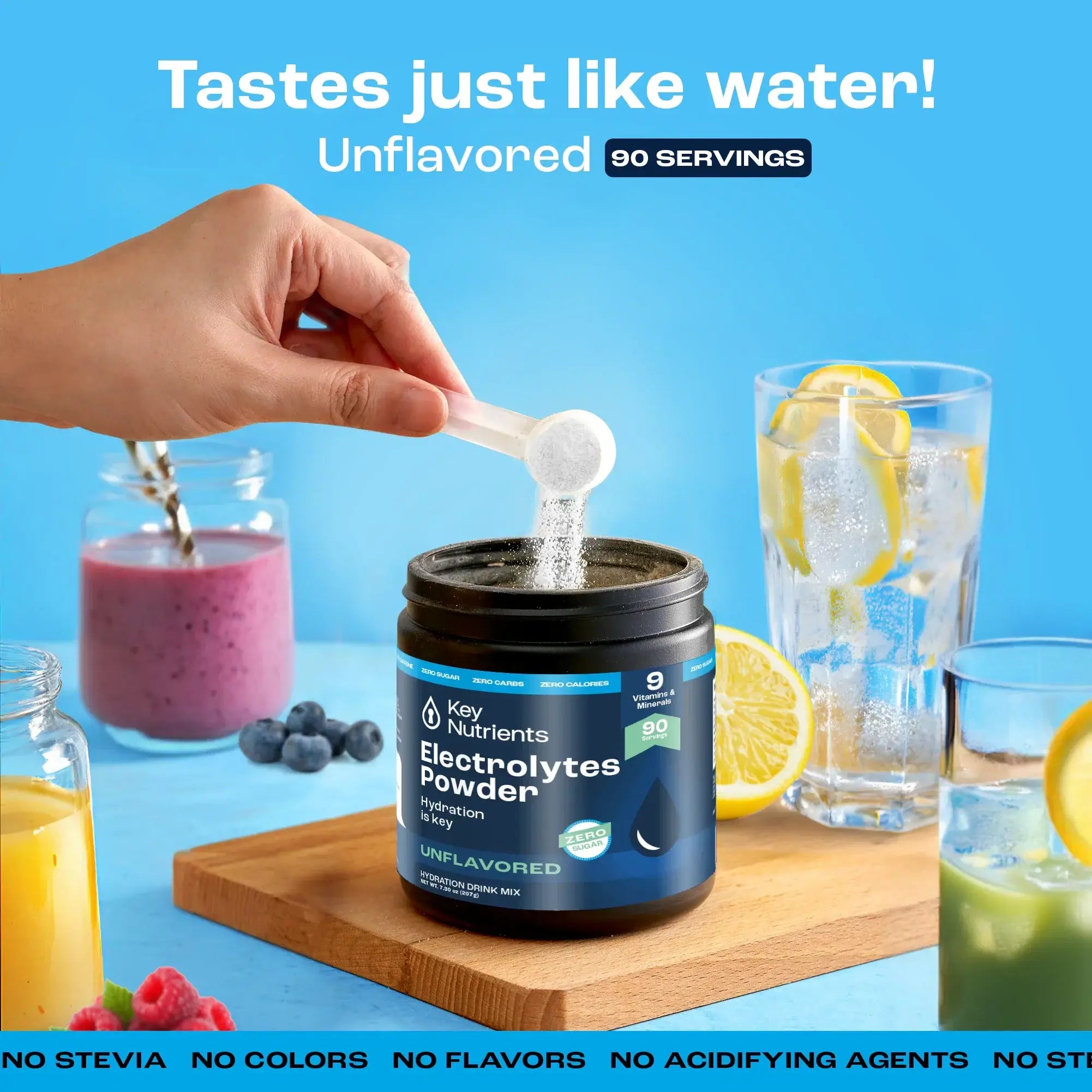 Sugar-Free Electrolyte Recovery Powder for Hydration in a jar with a scoop being added, highlighting hydration benefits.