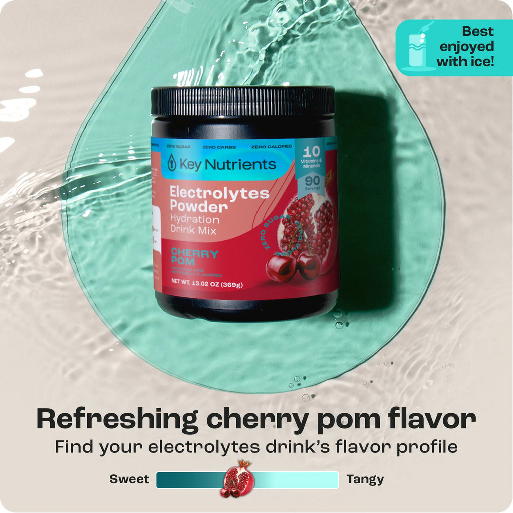 Sugar-Free Electrolyte Recovery Powder for Hydration in cherry pom flavor, perfect for hydration and electrolyte replenishment.