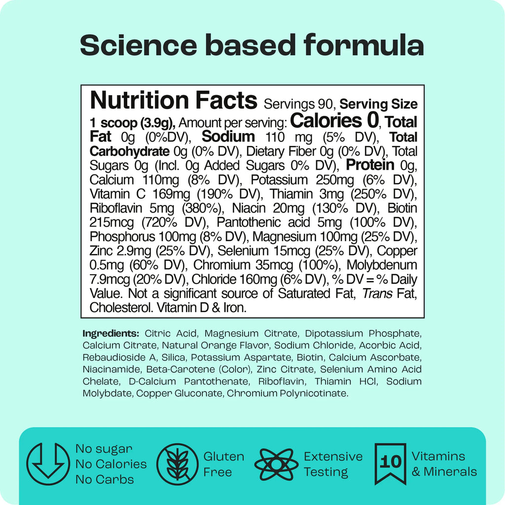 Nutrition facts for Sugar-Free Electrolyte Recovery Powder for Hydration, highlighting key ingredients and benefits.