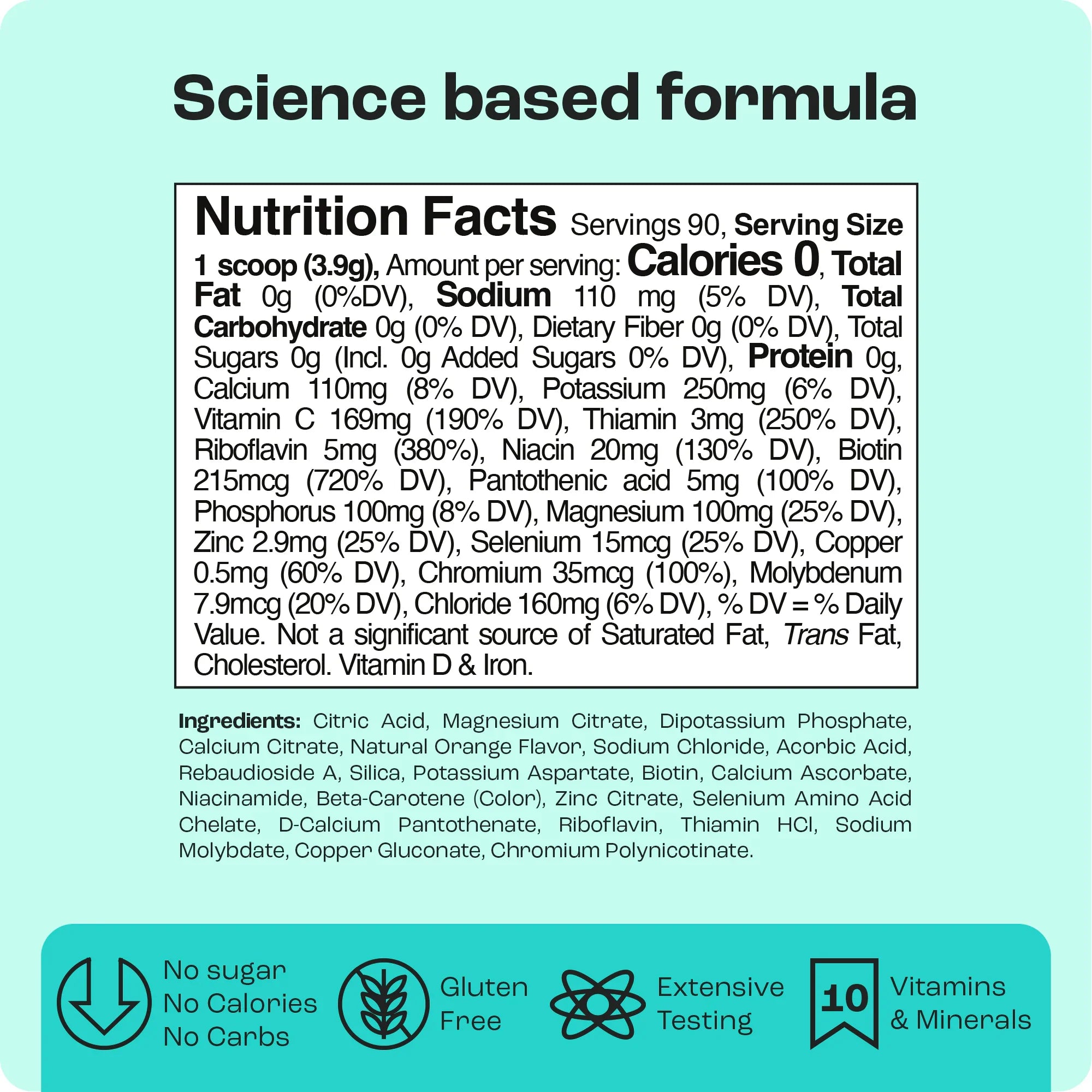 Nutrition facts for Sugar-Free Electrolyte Recovery Powder for Hydration, highlighting key ingredients and benefits.