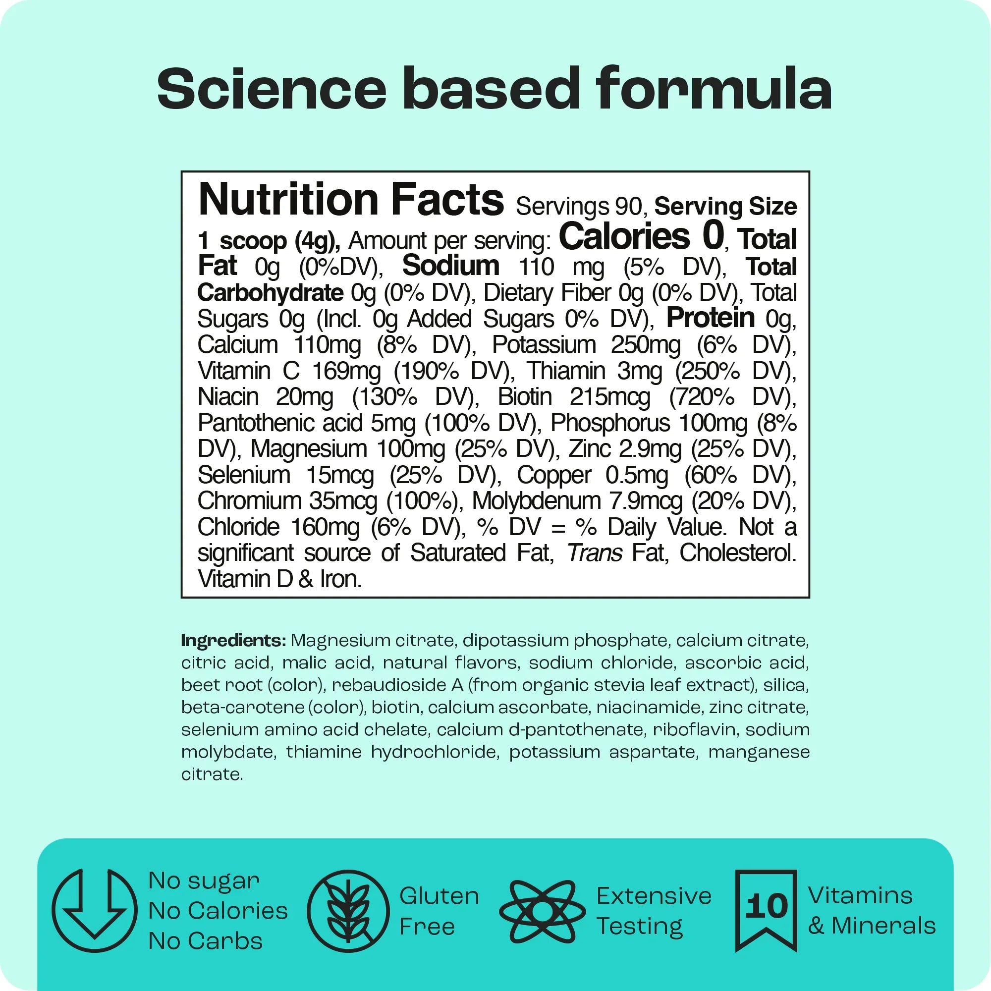 Nutrition label for Sugar-Free Electrolyte Recovery Powder for Hydration shows ingredients and nutritional information.