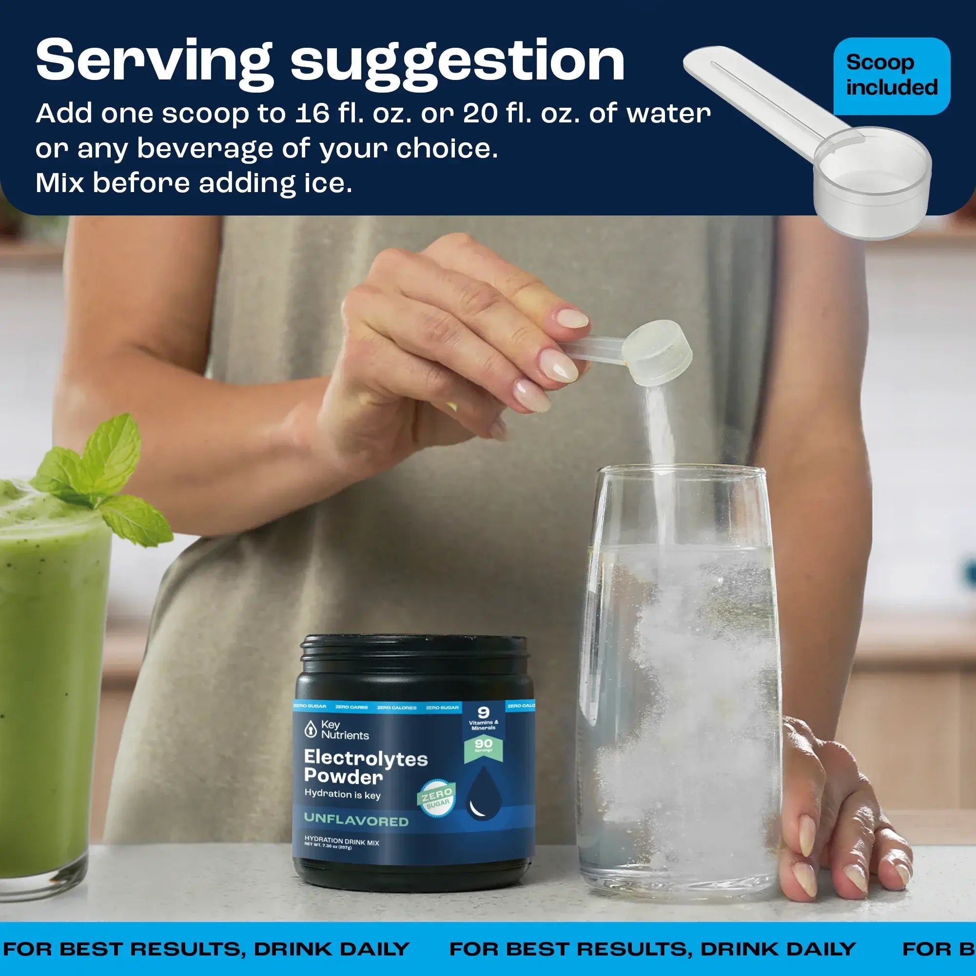 Serving suggestion for Sugar-Free Electrolyte Recovery Powder for Hydration mixed with water and ice.