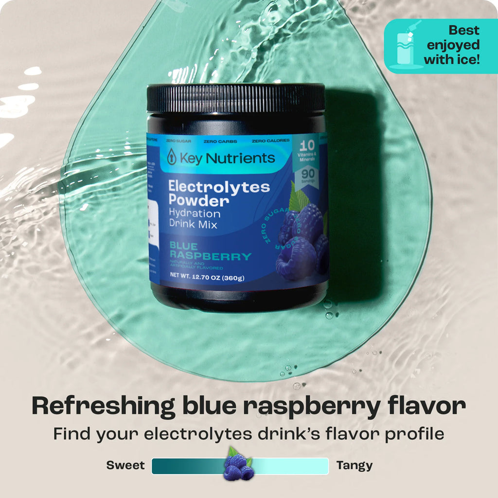 Sugar-Free Electrolyte Recovery Powder for Hydration, refreshing blue raspberry flavor drink mix.