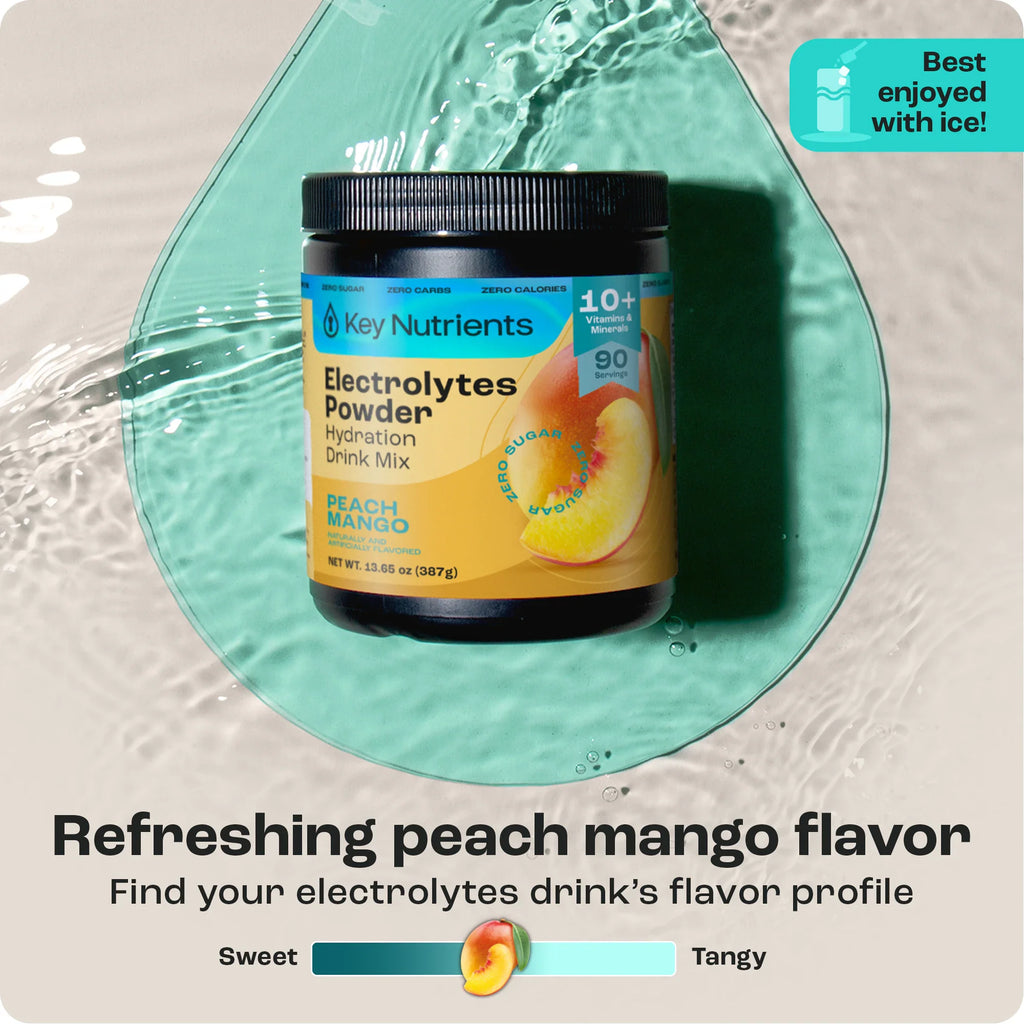 Sugar-Free Electrolyte Recovery Powder for Hydration in refreshing peach mango flavor with hydration drink mix.