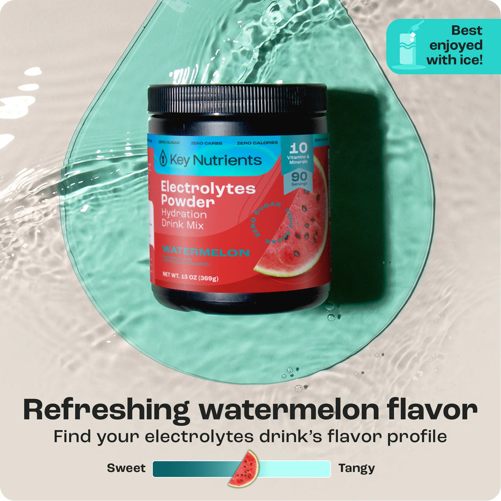 Sugar-Free Electrolyte Recovery Powder for Hydration in refreshing watermelon flavor with drinks and ice.