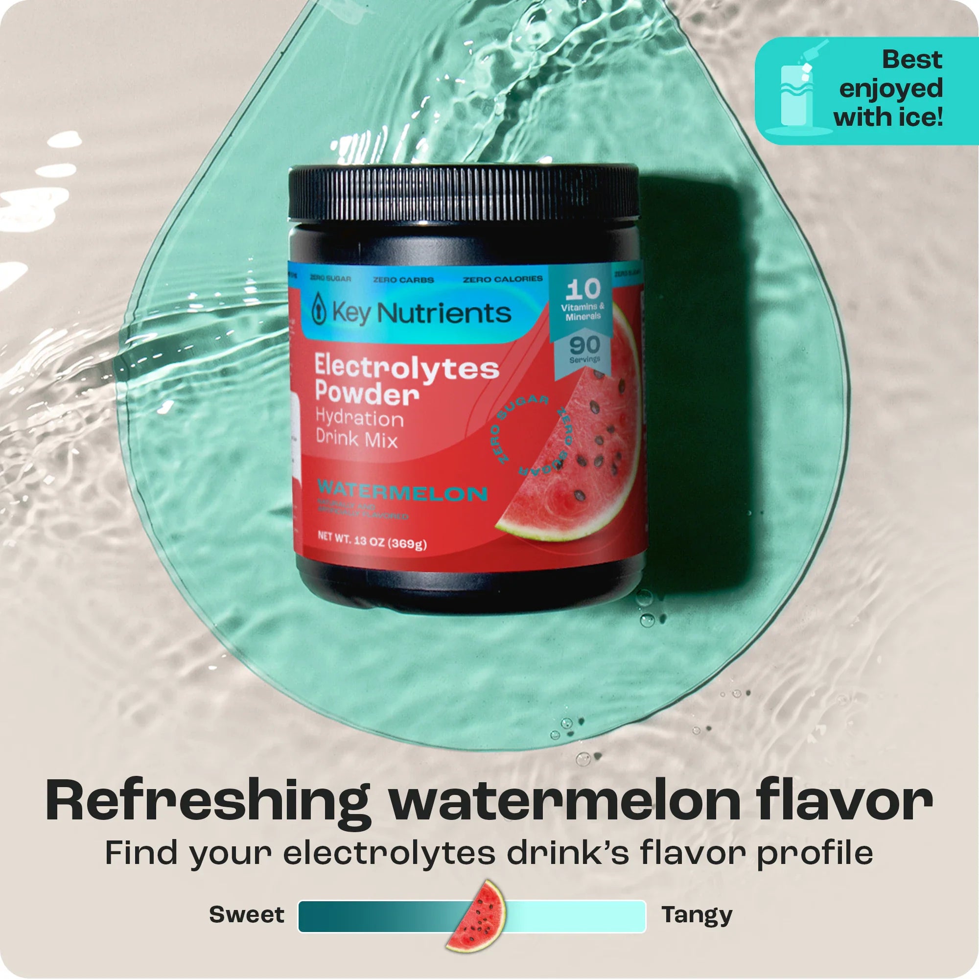 Sugar-Free Electrolyte Recovery Powder for Hydration in refreshing watermelon flavor with drinks and ice.