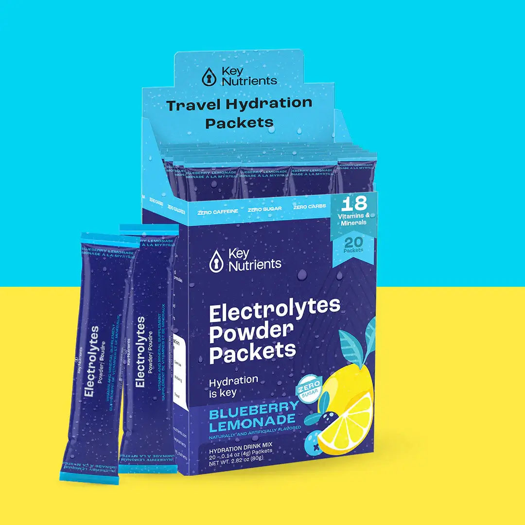 Sugar-Free Electrolyte Recovery Powder for Hydration in travel packets with blueberry lemonade flavor.