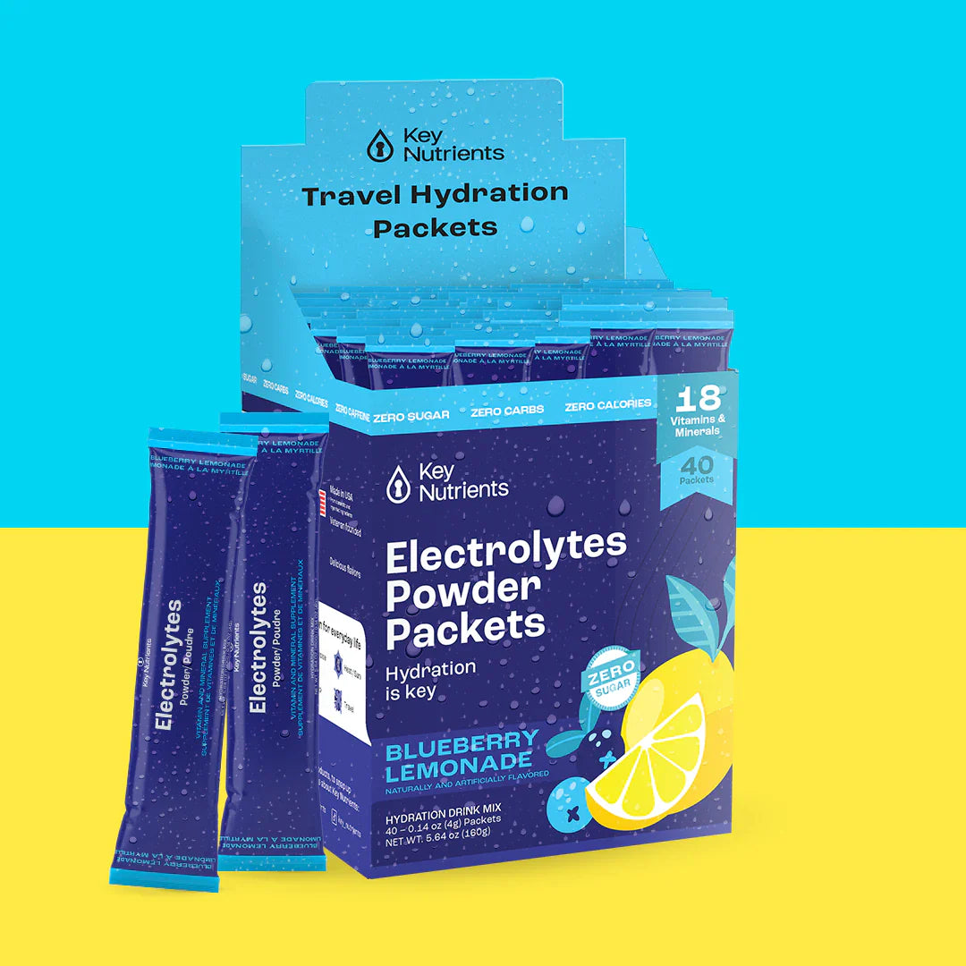 Sugar-Free Electrolyte Recovery Powder for Hydration in travel packets, featuring Blueberry Lemonade flavor.