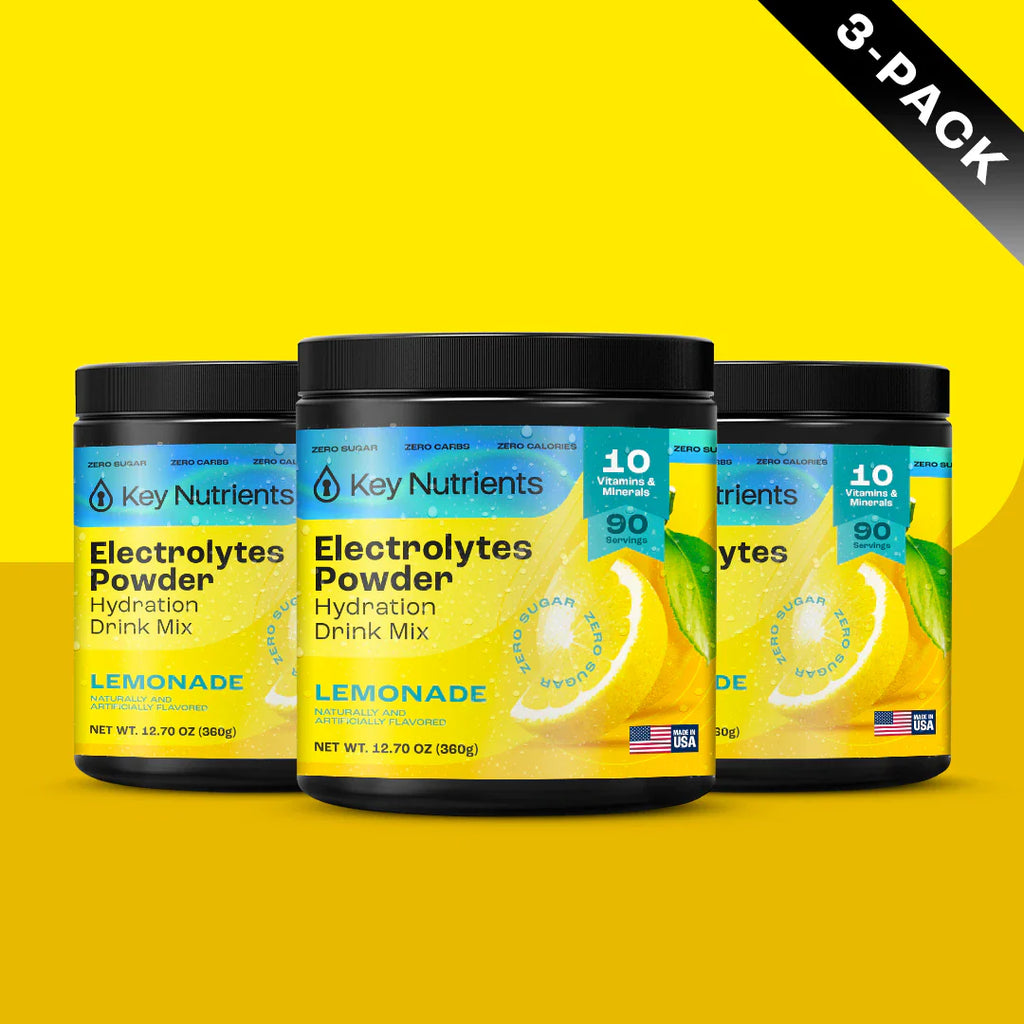 Sugar-Free Electrolyte Recovery Powder for Hydration - 3-pack lemonade drink mix from Key Nutrients.