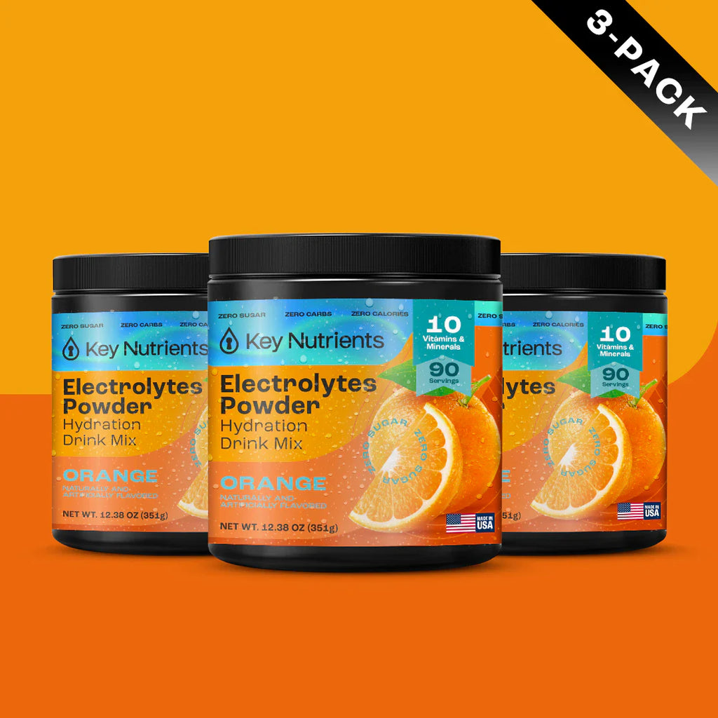 Sugar-Free Electrolyte Recovery Powder for Hydration three-pack in orange flavor with hydration benefits and vitamins.