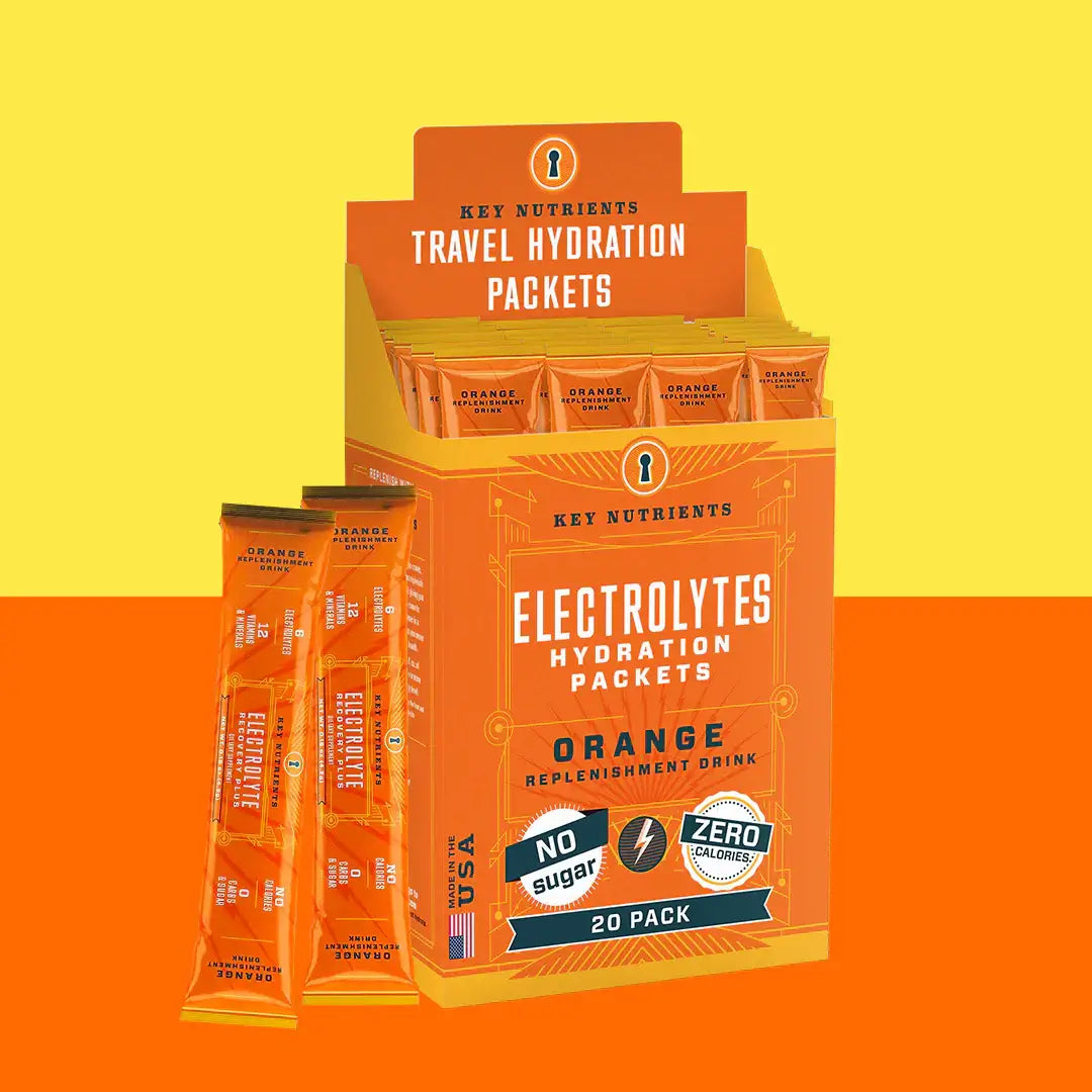 Sugar-Free Electrolyte Recovery Powder for Hydration packets in orange flavor, perfect for travel and hydration.