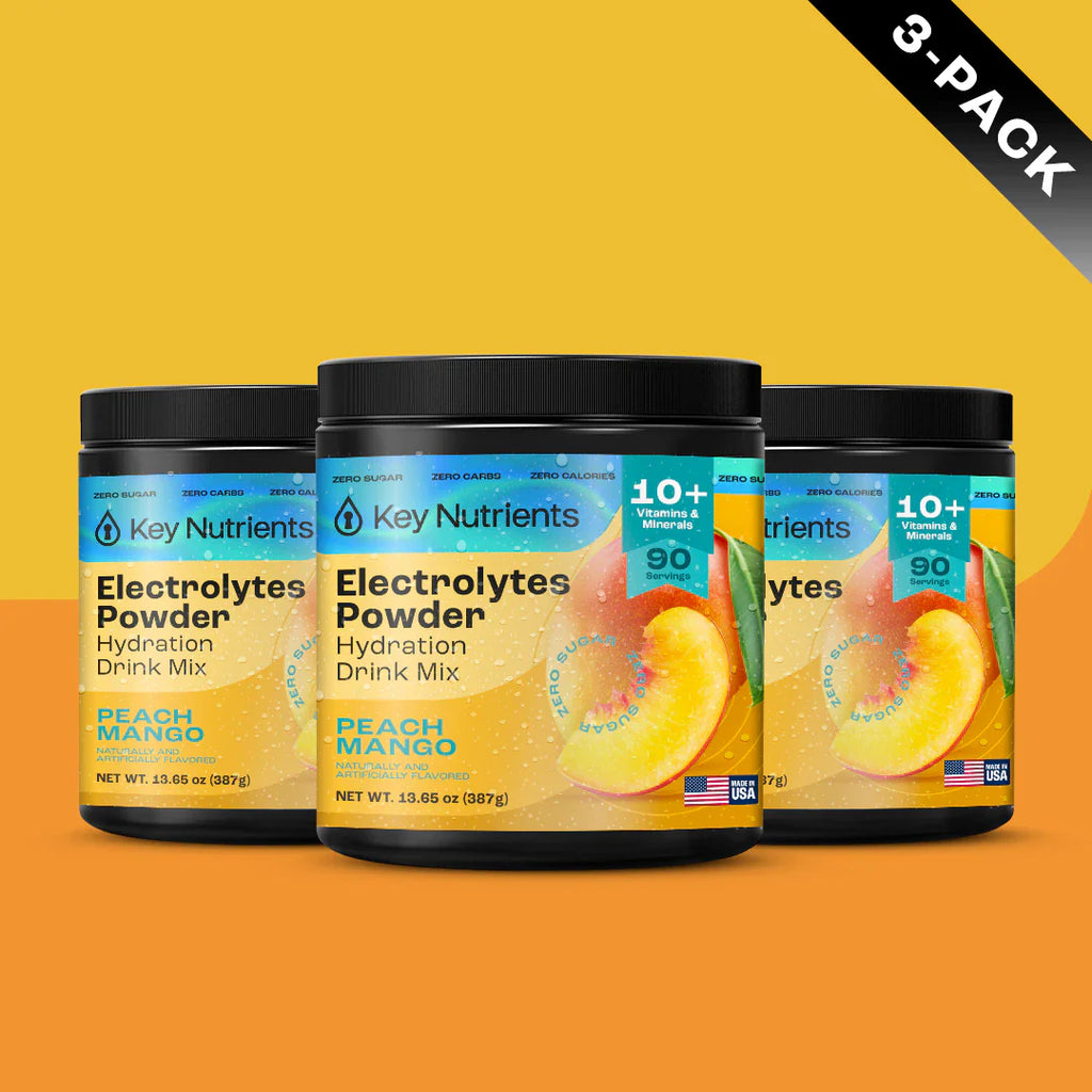 Sugar-Free Electrolyte Recovery Powder for Hydration in 3-pack Peach Mango drink mix by Key Nutrients.