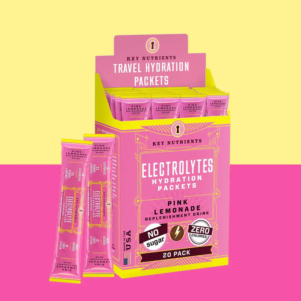 Sugar-Free Electrolyte Recovery Powder for Hydration travel hydration packets in pink lemonade flavor.
