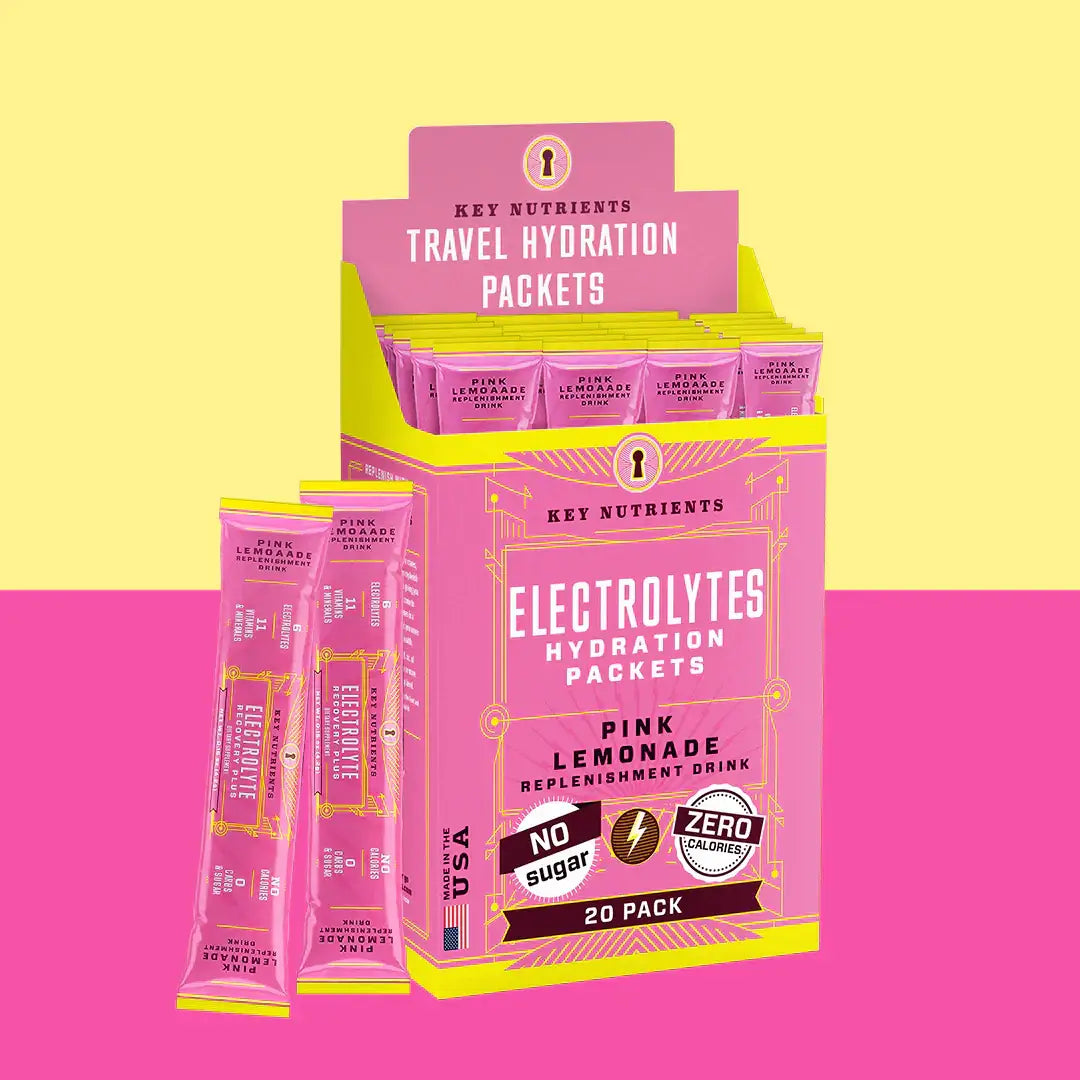 Sugar-Free Electrolyte Recovery Powder for Hydration travel hydration packets in pink lemonade flavor.