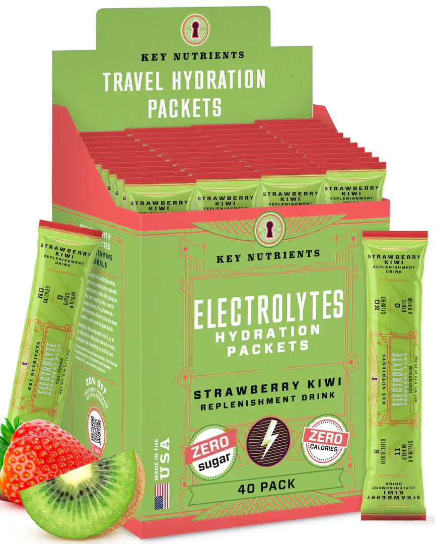Sugar-Free Electrolyte Recovery Powder for Hydration travel hydration packets in strawberry kiwi flavor.
