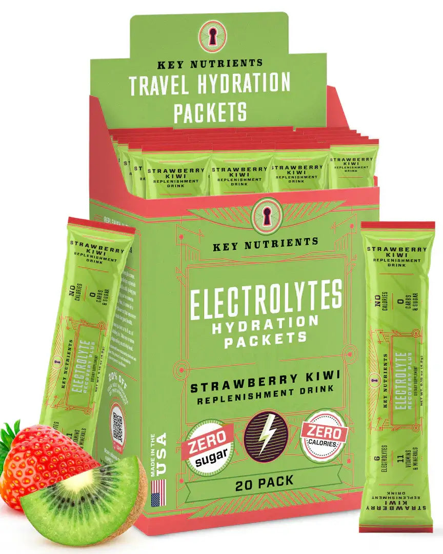 Sugar-Free Electrolyte Recovery Powder for Hydration in travel-friendly packets, featuring Strawberry Kiwi flavor.