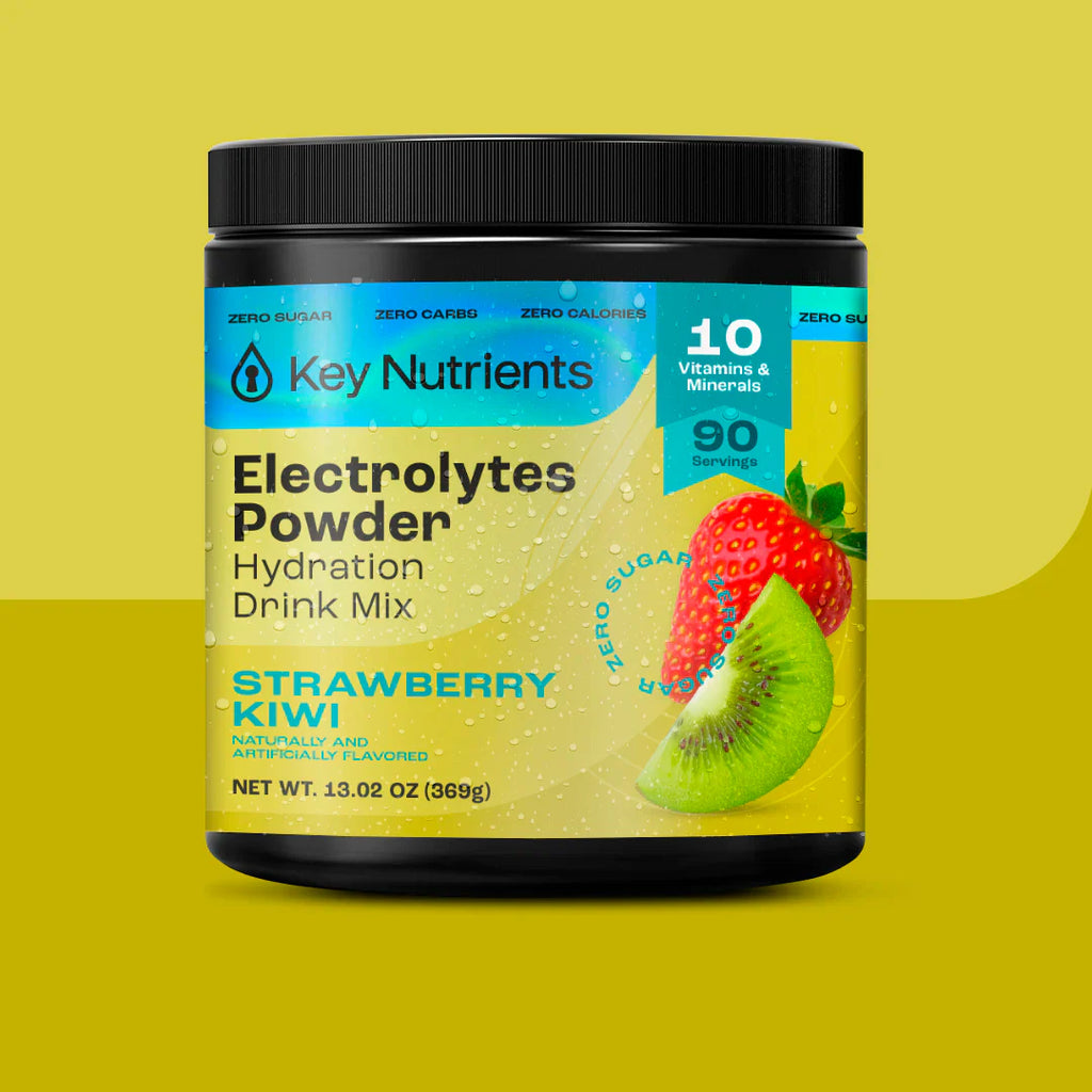 Sugar-Free Electrolyte Recovery Powder for Hydration in Strawberry Kiwi flavor, 10 vitamins and minerals, 90 servings.