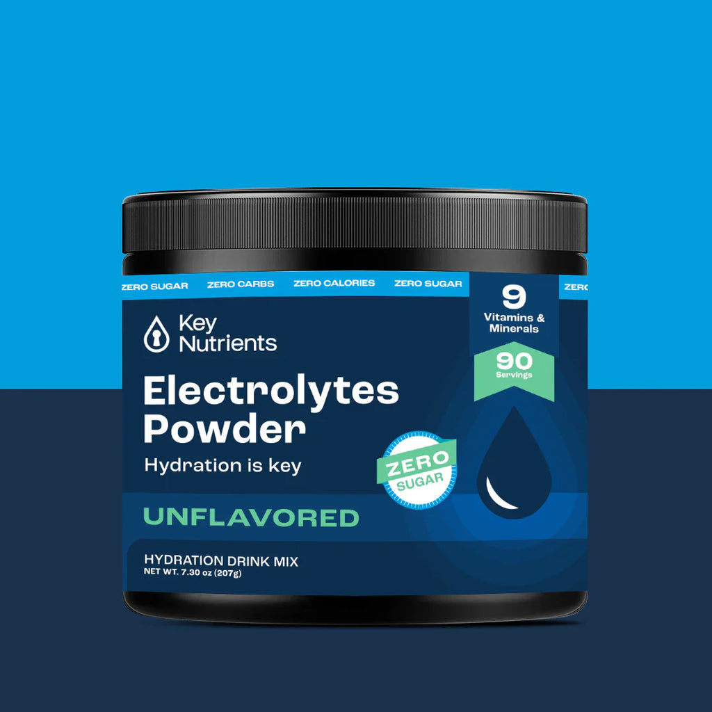 Sugar-Free Electrolyte Recovery Powder for Hydration in a black container with unflavored hydration drink mix.