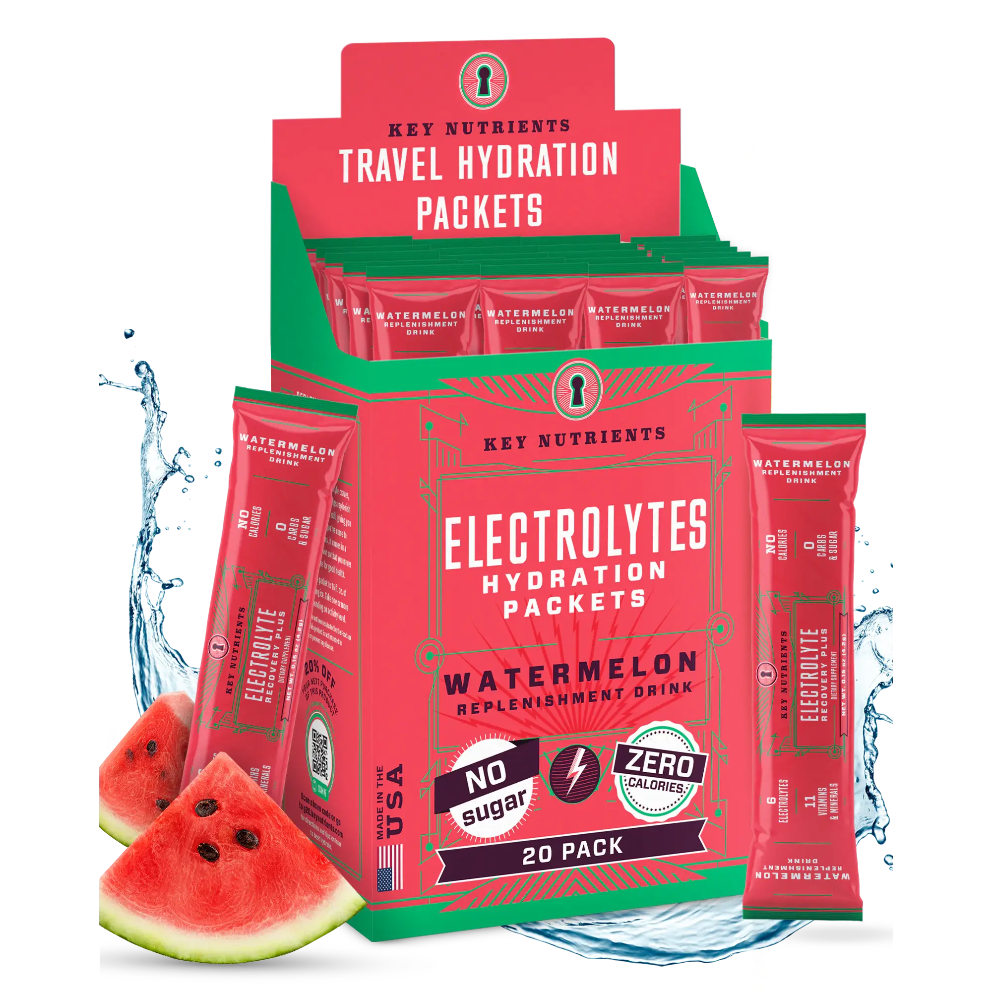 Sugar-Free Electrolyte Recovery Powder for Hydration in watermelon flavor, travel hydration packets, zero calories.