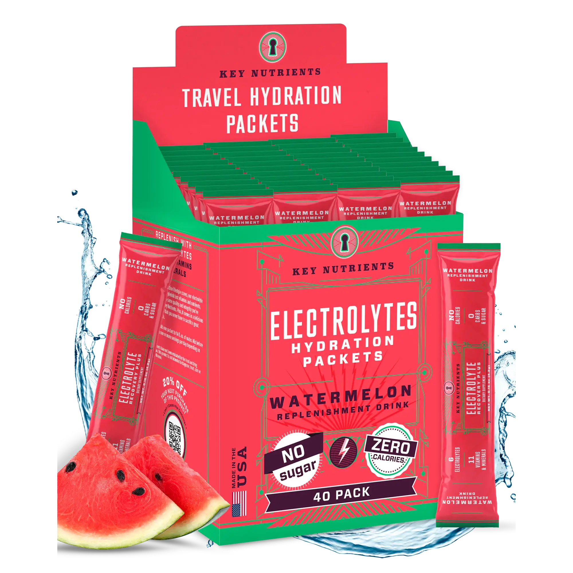 Sugar-Free Electrolyte Recovery Powder for Hydration packets in a watermelon flavor, perfect for on-the-go hydration.